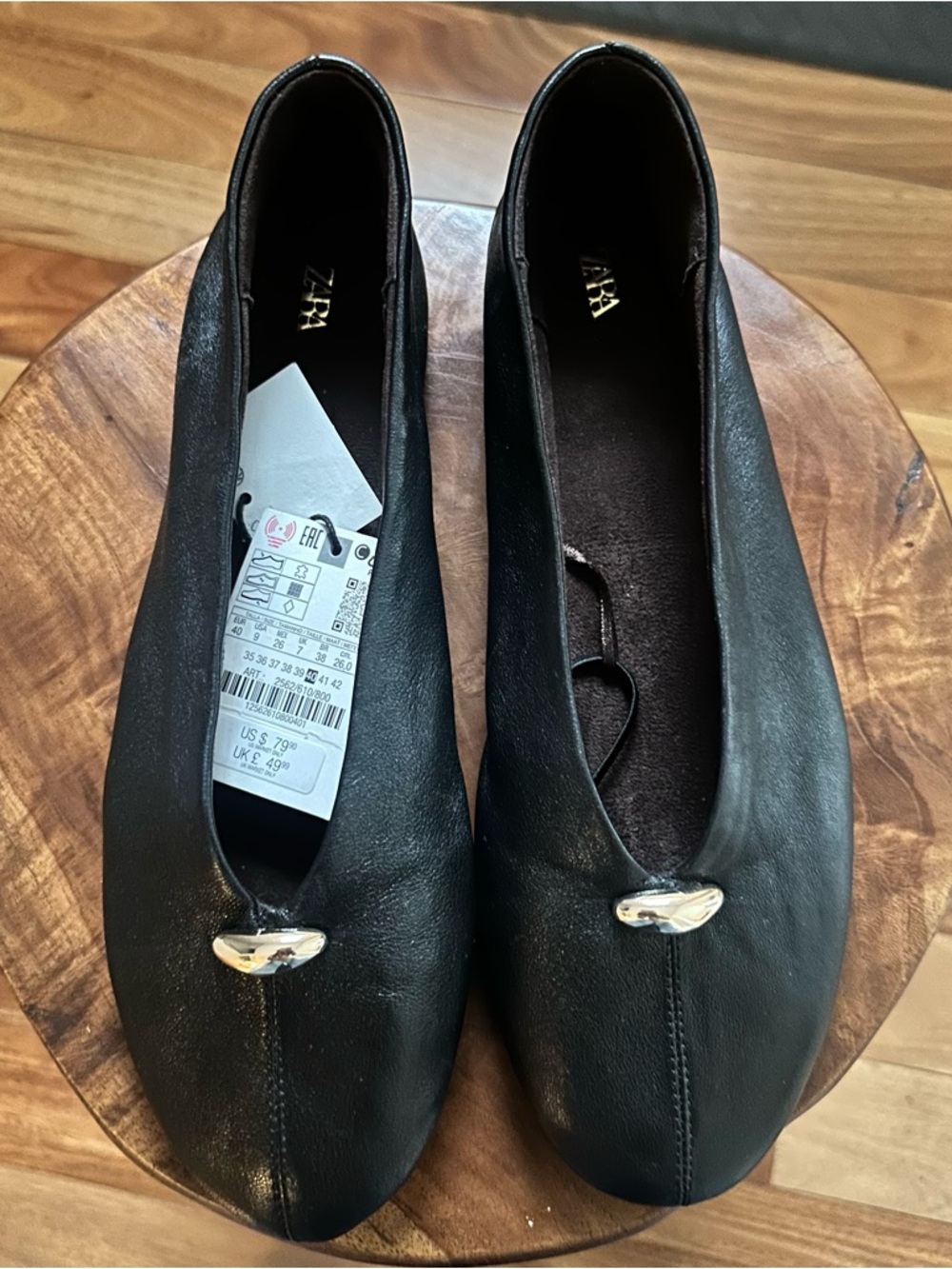 Zara Black Leather Slip-On Flats with Gold Detail